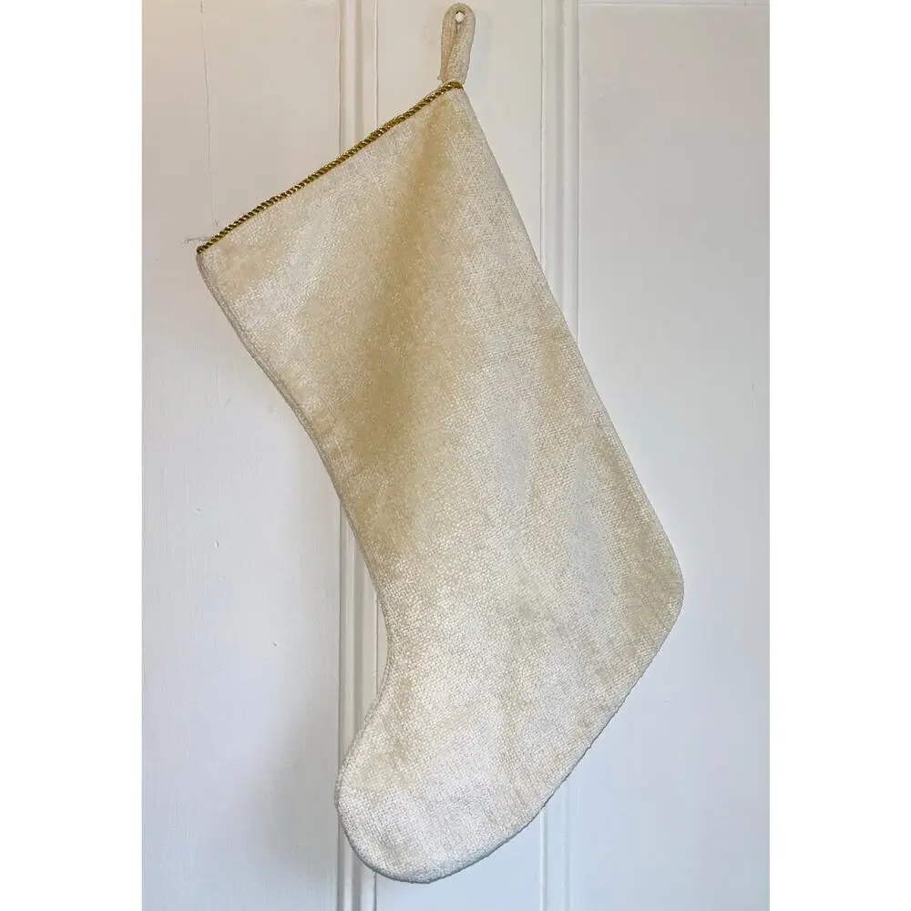 Cream Soft Christmas Stocking Metallic Gold Embroidered Snowflakes
